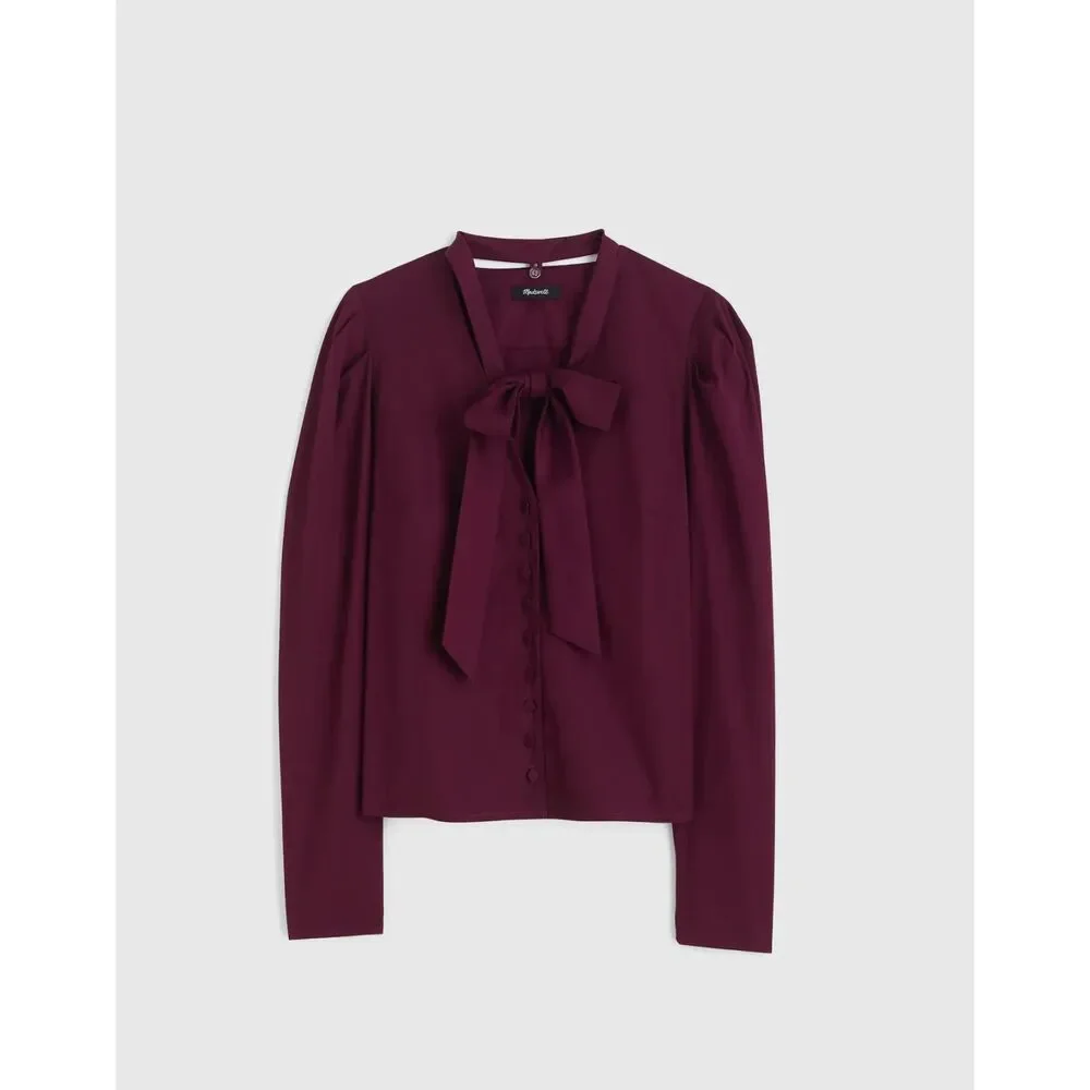 Madewell Dark Pomegranate Cotton Poplin Puff Sleeve Button-Front Tie Top Small
